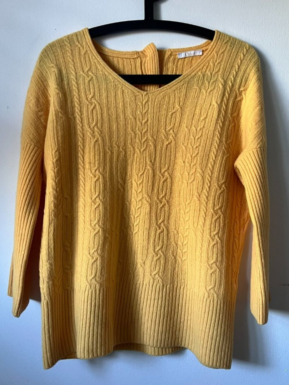 Chloe Yellow Cable Knit Merino Wool V neck Sweater w/ buttons in the back S/XS